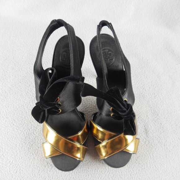 Tory Burch "Kyle" Lace-Up Open Toe Sandal Black/Gold New $475 Wom 9 M s-9247 - Picture 5 of 10